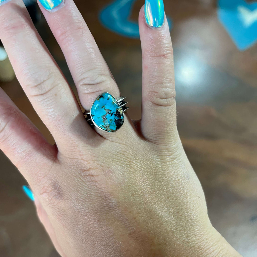 Turquoise Stone with Detailed Wide Band Genuine Ring1