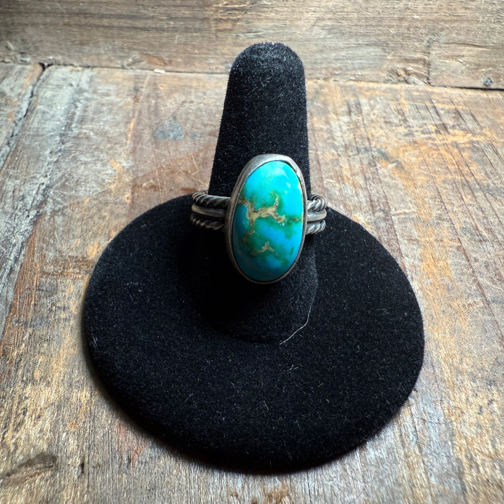 Turquoise Stone with Detailed Wide Band Genuine Ring