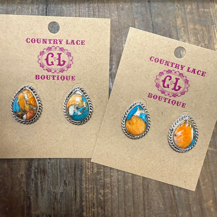 Turquoise and Orange Spiny Teardrop Genuine Stud Earrings