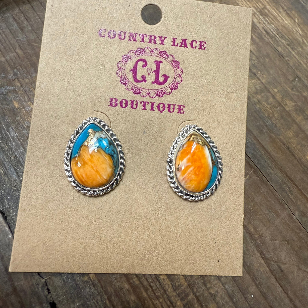 Turquoise and Orange Spiny Teardrop Genuine Stud EarringsA