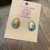 Turquoise and Orange Spiny Teardrop Genuine Stud EarringsB