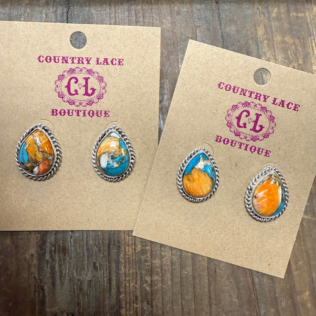 Turquoise and Orange Spiny Teardrop Genuine Stud Earrings