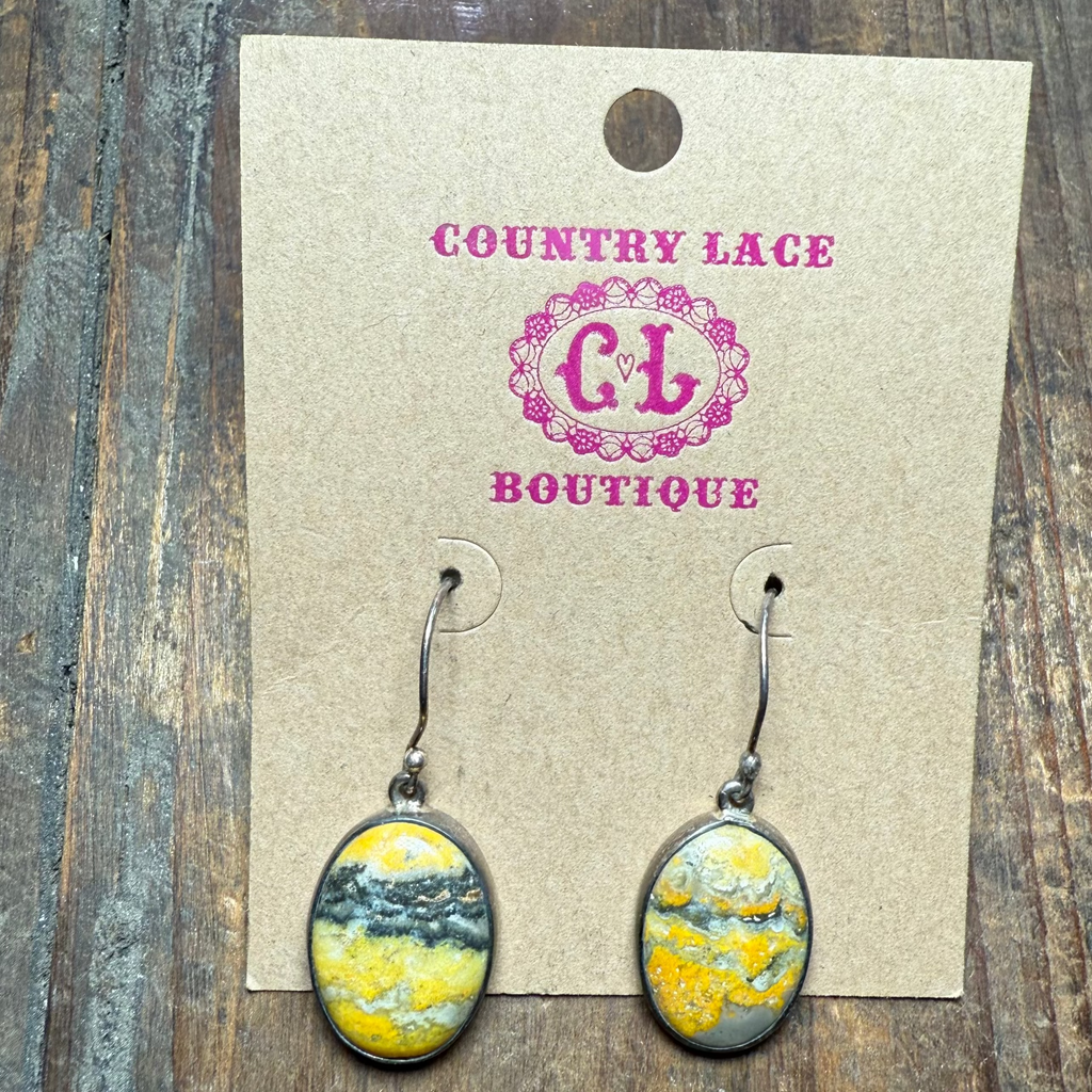 Yellow Bumblebee Jasper Oval Dangle French Hook Sterling Silver Earring