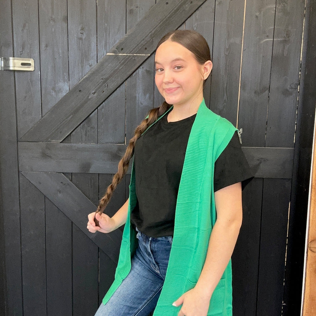 Apple Green Sleeveless Open Front Knit Cardigan - Country Lace Boutique