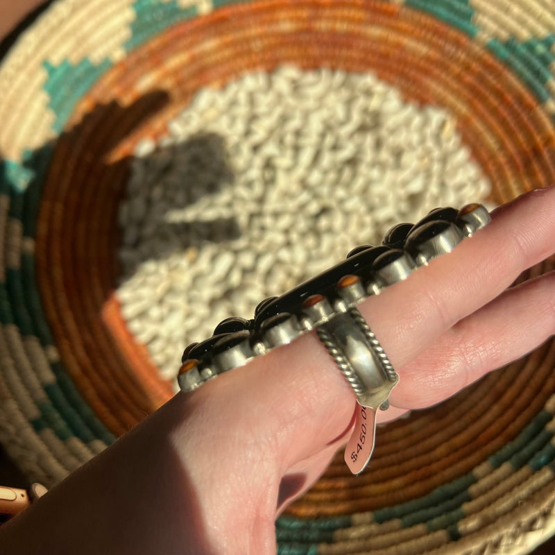 Authentic Black Onyx & Orange Spiny Sterling Silver Adjustable Ring - Country Lace Boutique