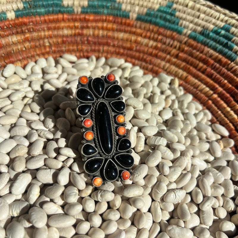 Authentic Black Onyx & Orange Spiny Sterling Silver Adjustable Ring - Country Lace Boutique