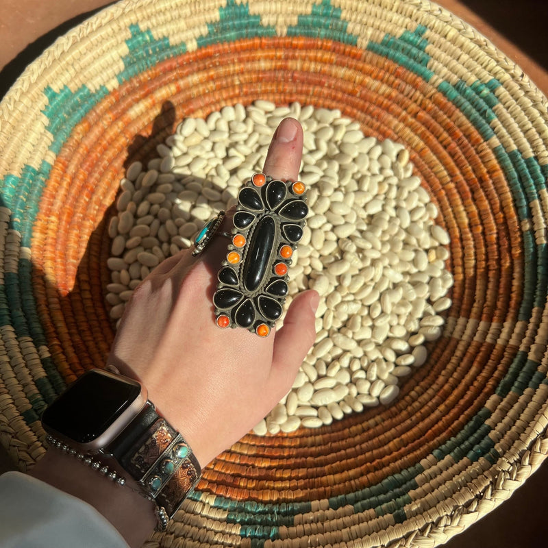 Authentic Black Onyx & Orange Spiny Sterling Silver Adjustable Ring - Country Lace Boutique
