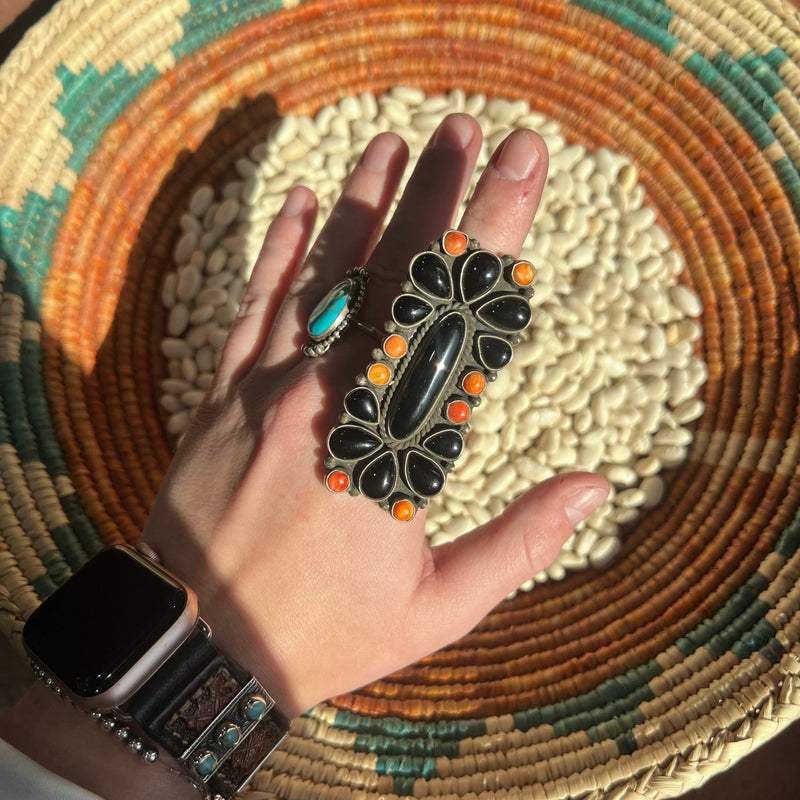 Authentic Black Onyx & Orange Spiny Sterling Silver Adjustable Ring - Country Lace Boutique