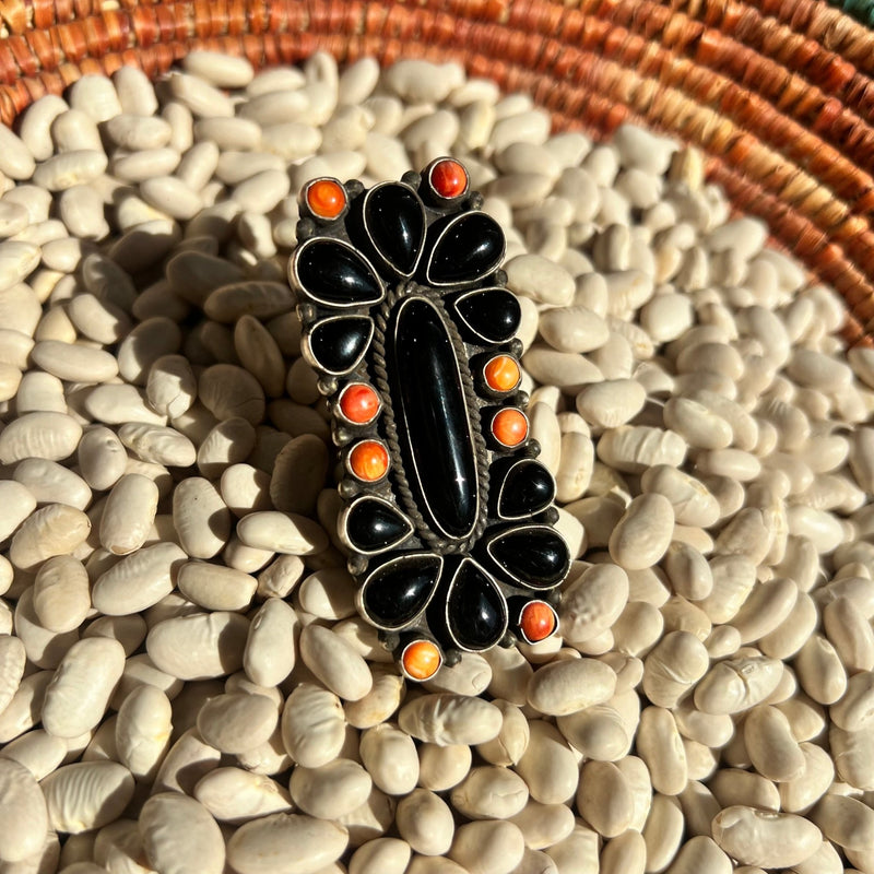Authentic Black Onyx & Orange Spiny Sterling Silver Adjustable Ring - Country Lace Boutique