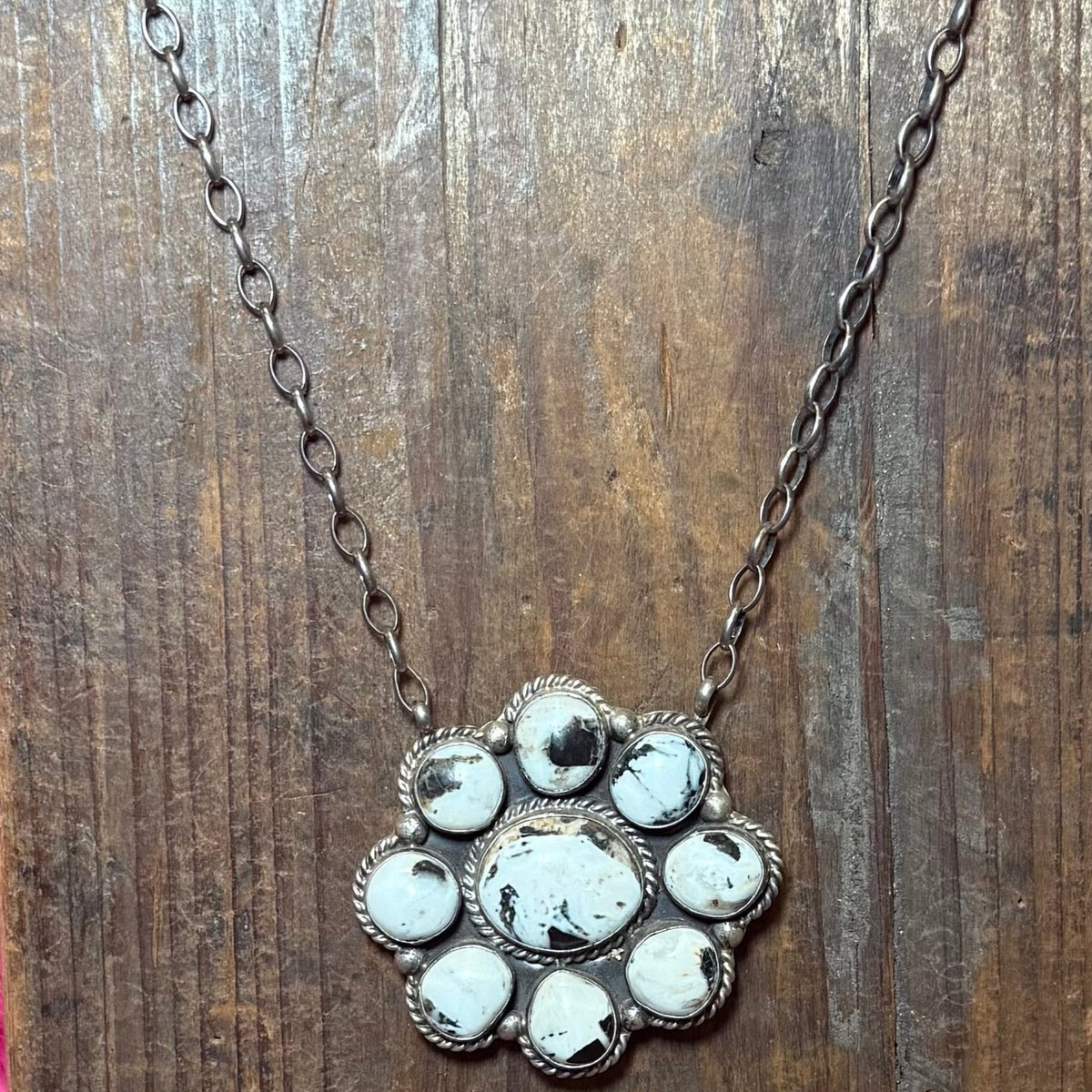 Authentic Cluster White Buffalo 9 Stone Statement Sterling Silver Necklace - Country Lace Boutique