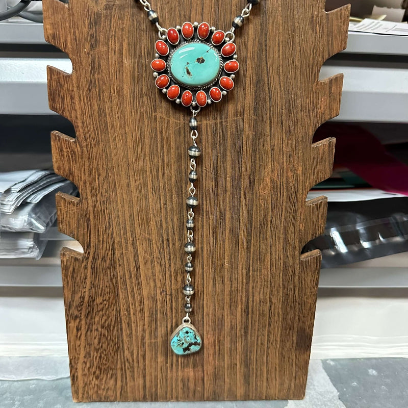 Authentic Red Spiny & Turquoise Cluster Lariat with Contemporary Navajo Pearls Sterling Silver Necklace
