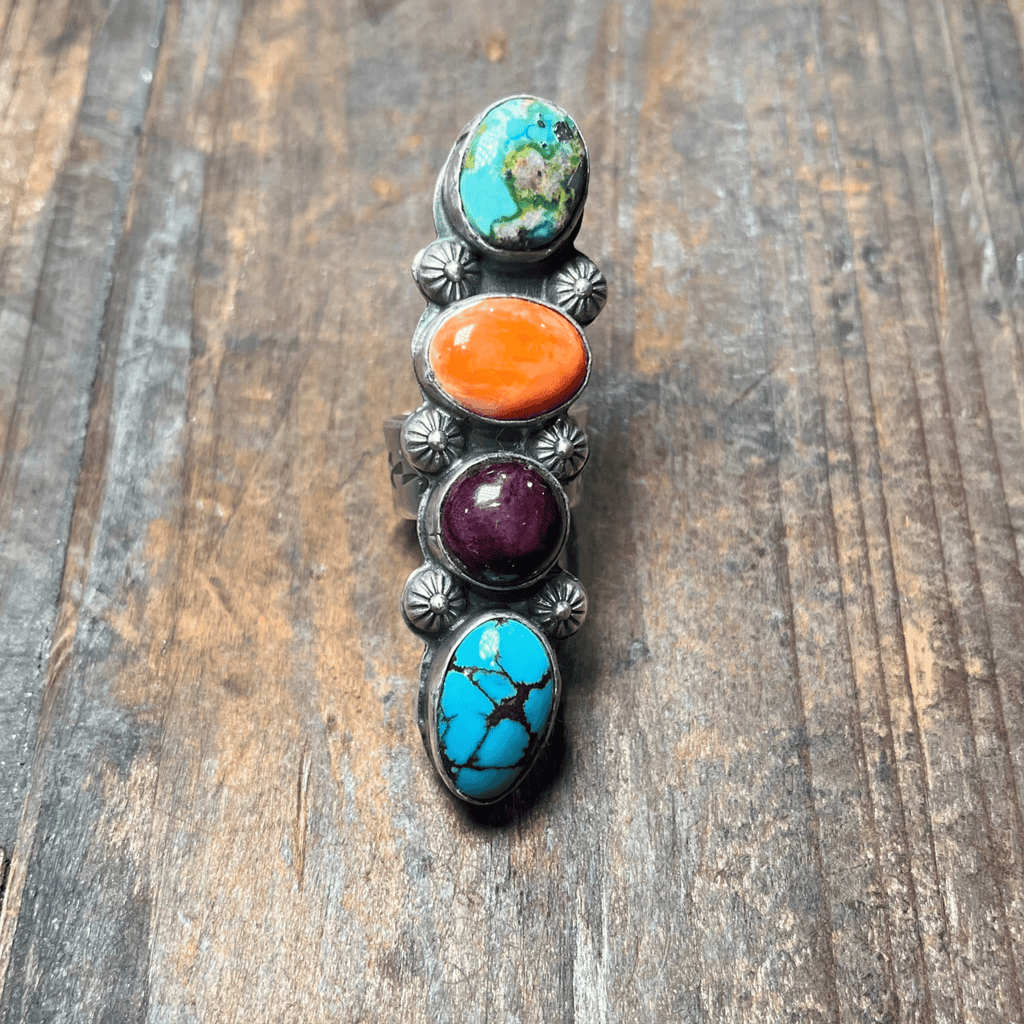 Authentic Turquoise Orange & Purple Spiny & Sonoran Gold Adjustable Sterling Silver Ring - Country Lace Boutique