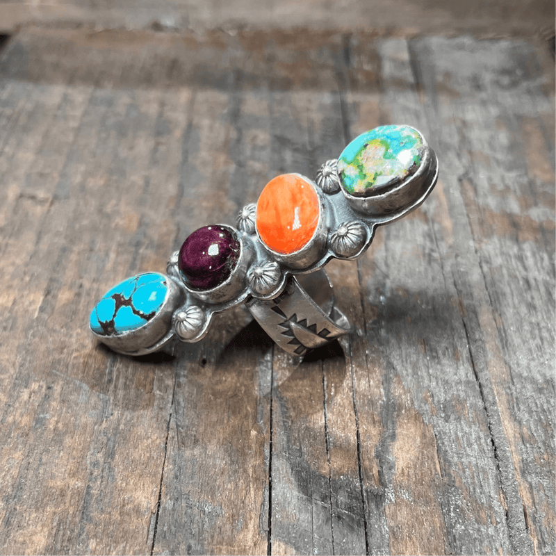 Authentic Turquoise Orange & Purple Spiny & Sonoran Gold Adjustable Sterling Silver Ring - Country Lace Boutique