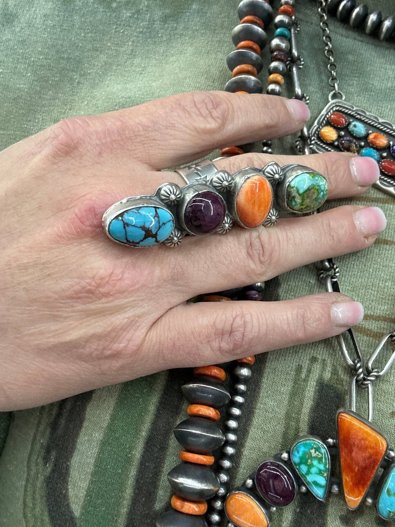 Authentic Turquoise Orange & Purple Spiny & Sonoran Gold Adjustable Sterling Silver Ring - Country Lace Boutique
