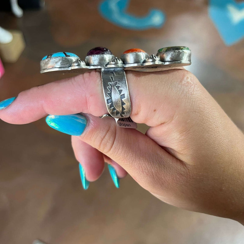 Authentic Turquoise Orange & Purple Spiny & Sonoran Gold Adjustable Sterling Silver Ring - Country Lace Boutique