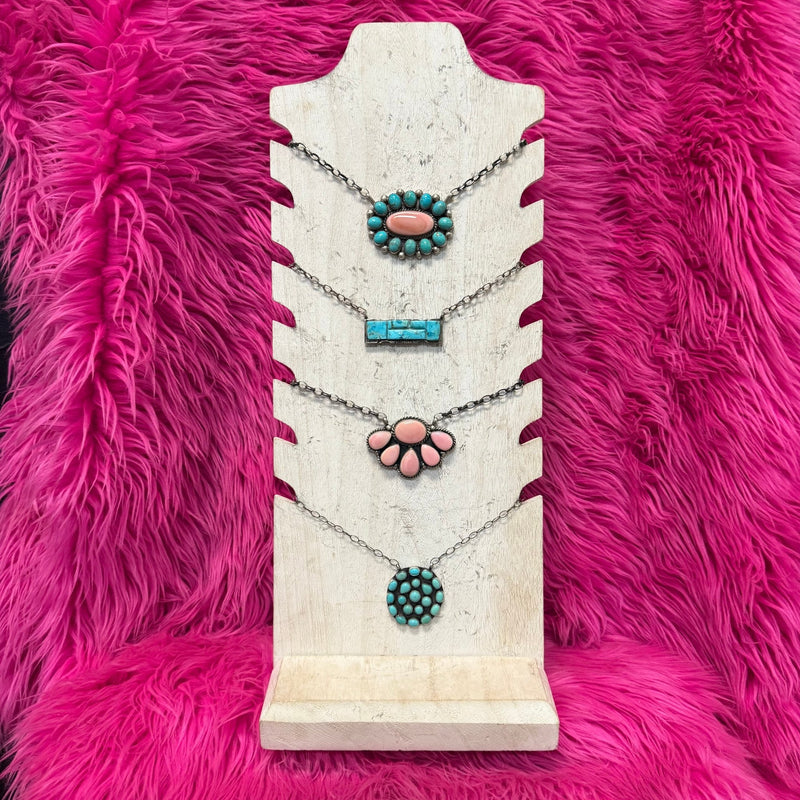 Authentic Turquoise & Pink Conch Cluster Sterling Silver Necklace - Country Lace Boutique