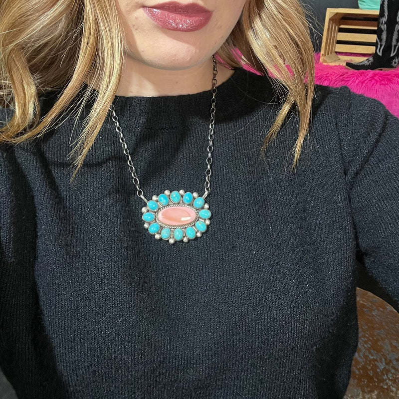Authentic Turquoise & Pink Conch Cluster Sterling Silver Necklace - Country Lace Boutique