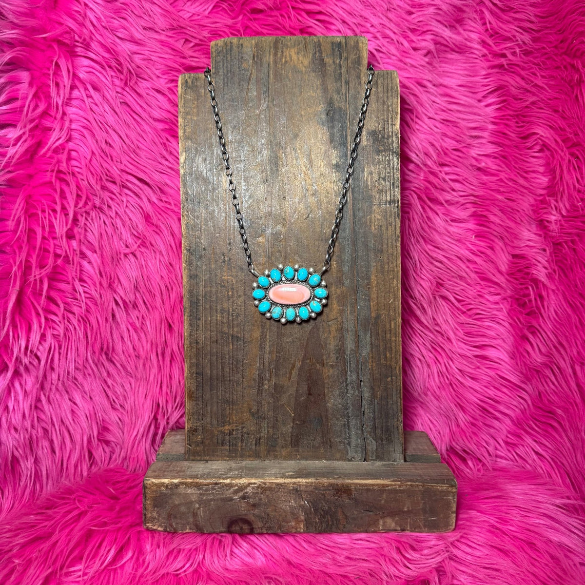 Authentic Turquoise & Pink Conch Cluster Sterling Silver Necklace - Country Lace Boutique