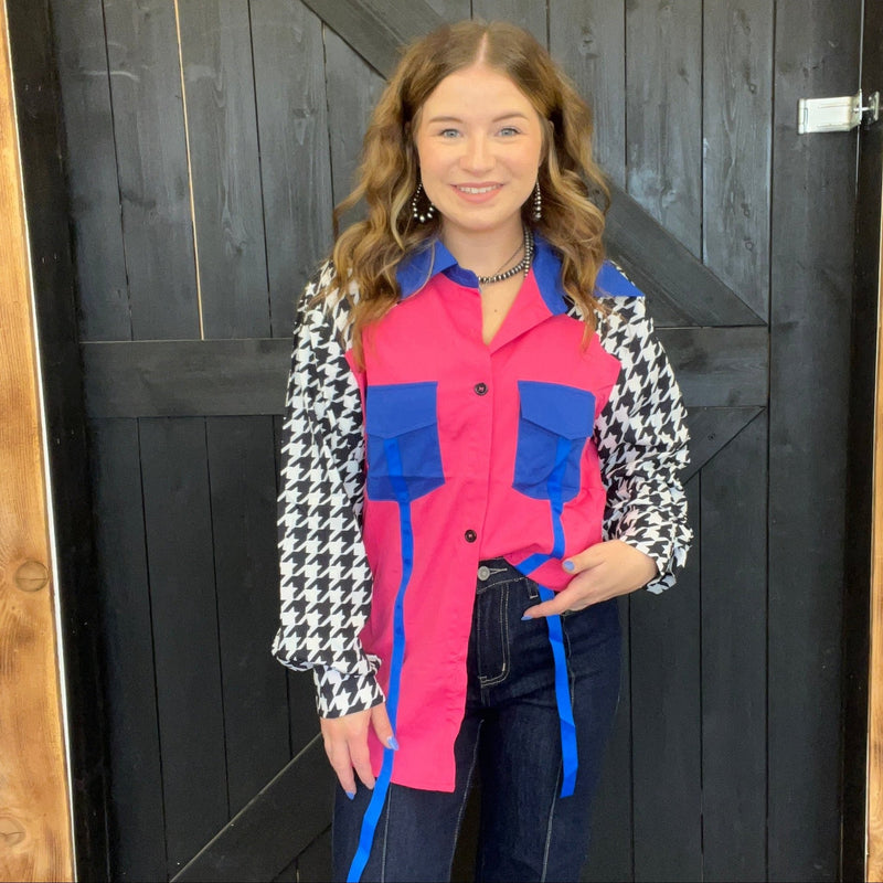 Barbie Pink & Hounds Tooth Long Sleeve Button Down Top - Country Lace Boutique