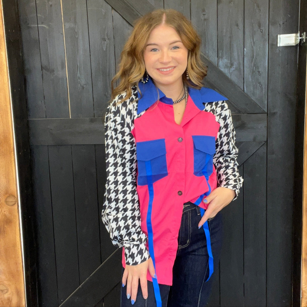 Barbie Pink & Hounds Tooth Long Sleeve Button Down Top - Country Lace Boutique