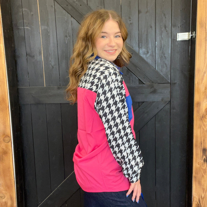 Barbie Pink & Hounds Tooth Long Sleeve Button Down Top - Country Lace Boutique