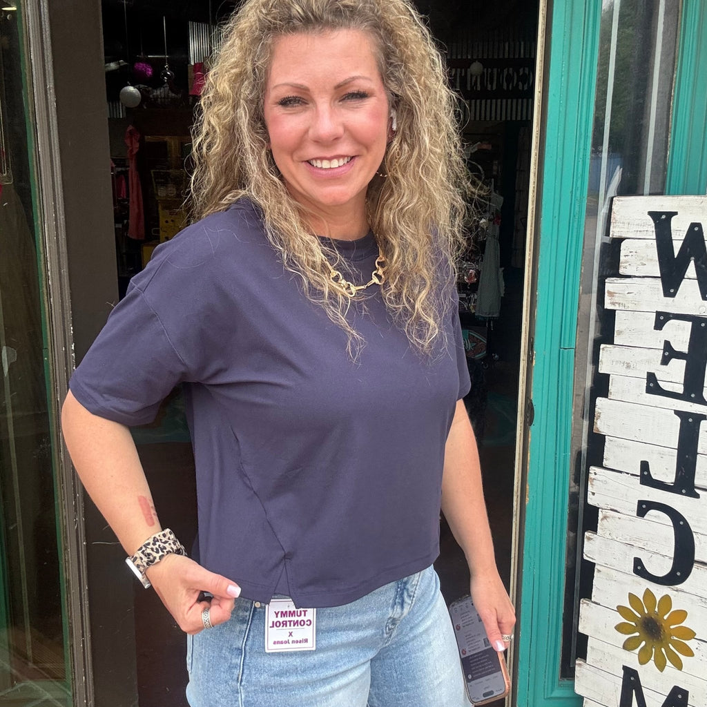 Basic Soft Navy Crop Shirt - Country Lace Boutique