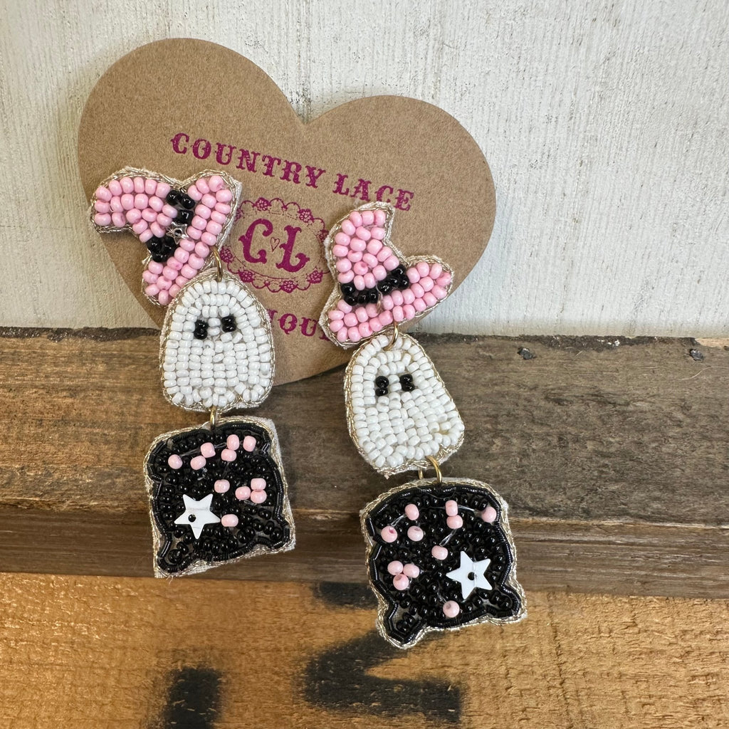 Beaded Dangle Pink, White, & Black Ghost Fashion Earrings - Country Lace Boutique
