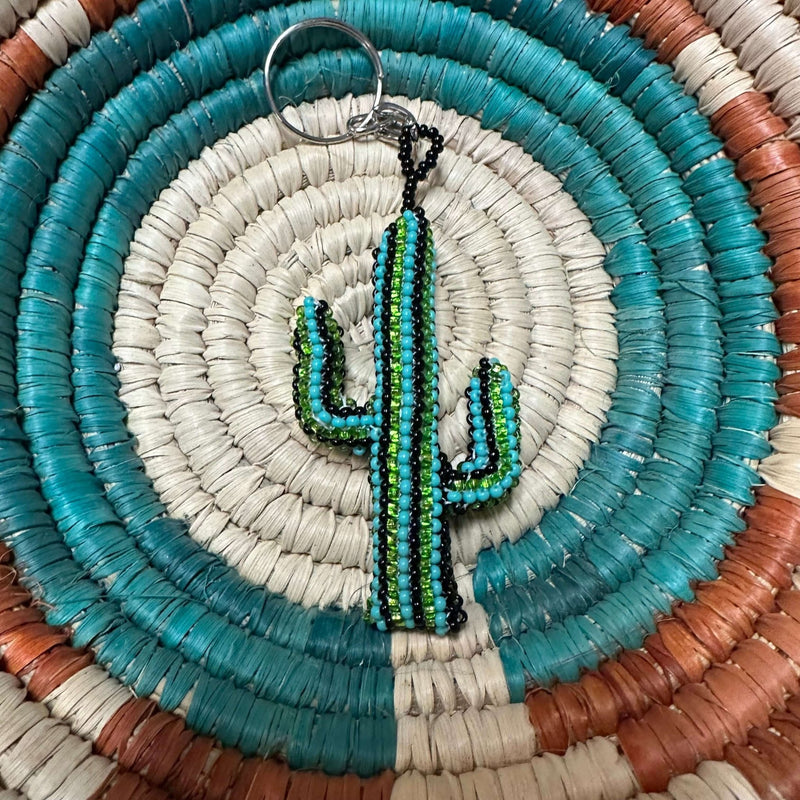 Beaded Turquoise Black & Shiny Green Cactus Keychain - Country Lace Boutique