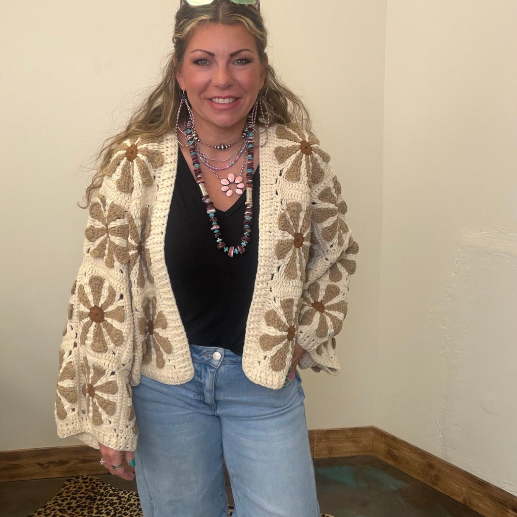Beige Crochet Flower Crop Sweater Cardigan - Country Lace Boutique