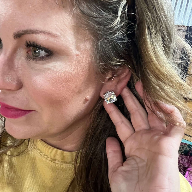 Big Clear Crystal Silver Post Stud Fashion Earring - Country Lace Boutique