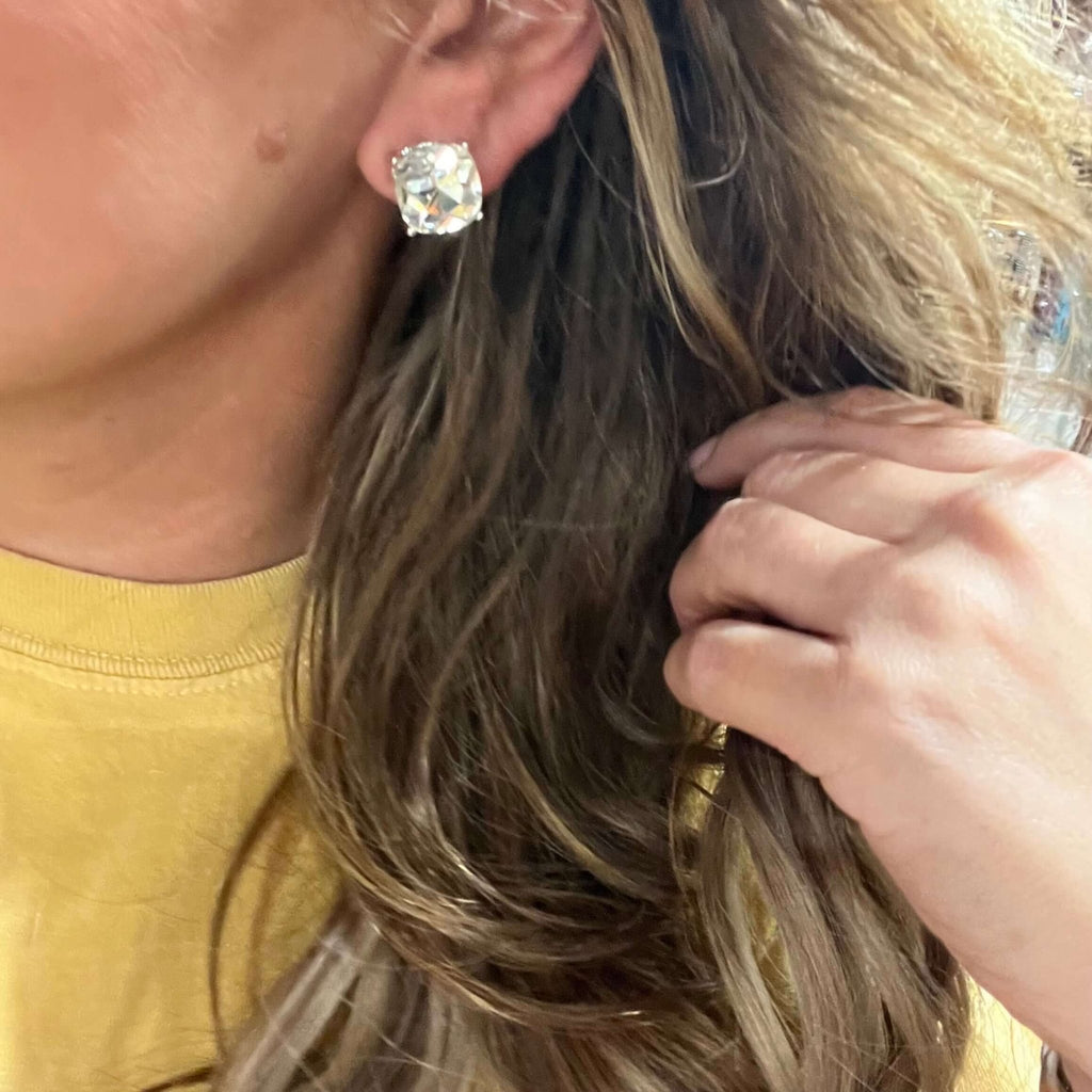 Big Clear Crystal Silver Post Stud Fashion Earring - Country Lace Boutique