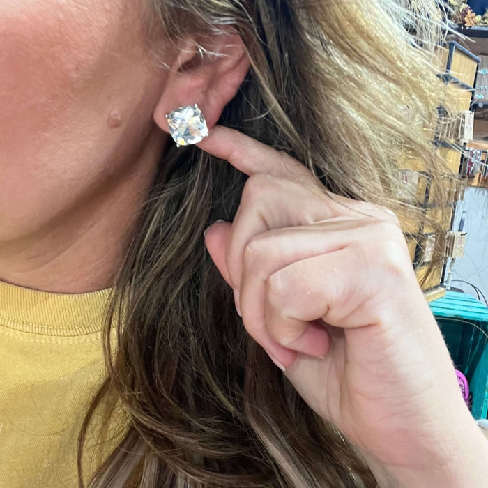 Big Clear Crystal Silver Post Stud Fashion Earring - Country Lace Boutique