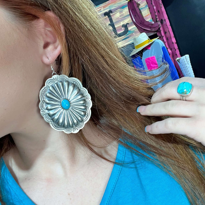 Big French Hook Concho W/ Turquoise Sterling Silver Earring - Country Lace Boutique