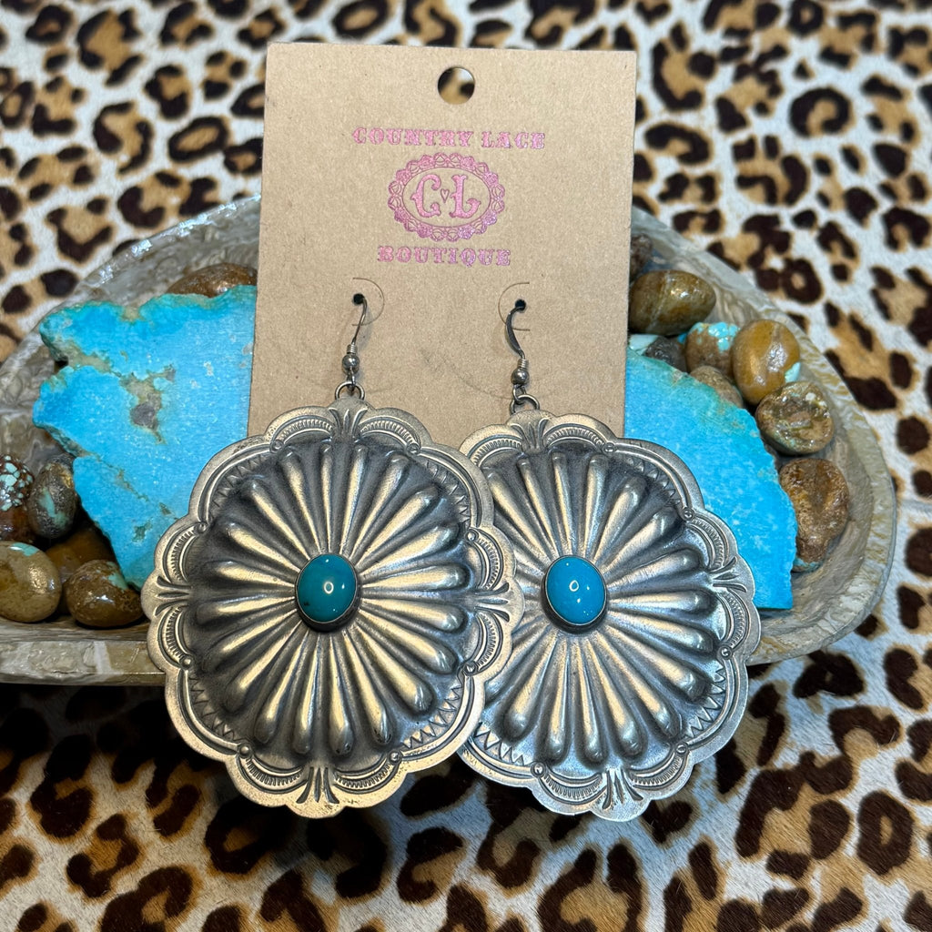 Big French Hook Concho W/ Turquoise Sterling Silver Earring - Country Lace Boutique