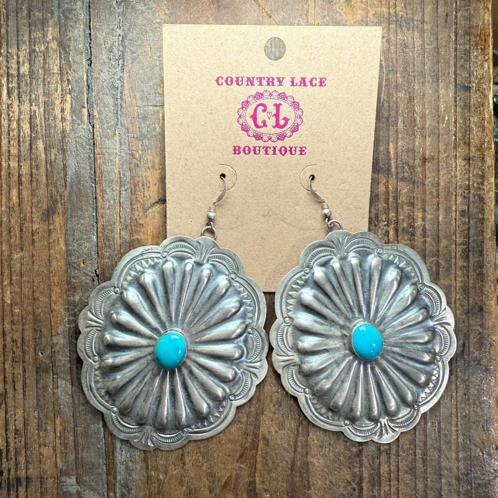 Big French Hook Concho W/ Turquoise Sterling Silver Earring - Country Lace Boutique