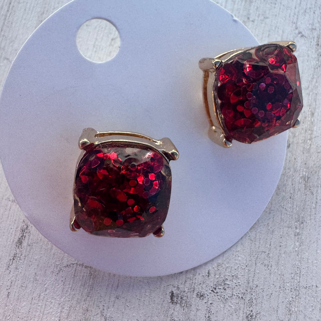 Big Red Glitter Crystal Post Stud Fashion Earrings - Country Lace Boutique