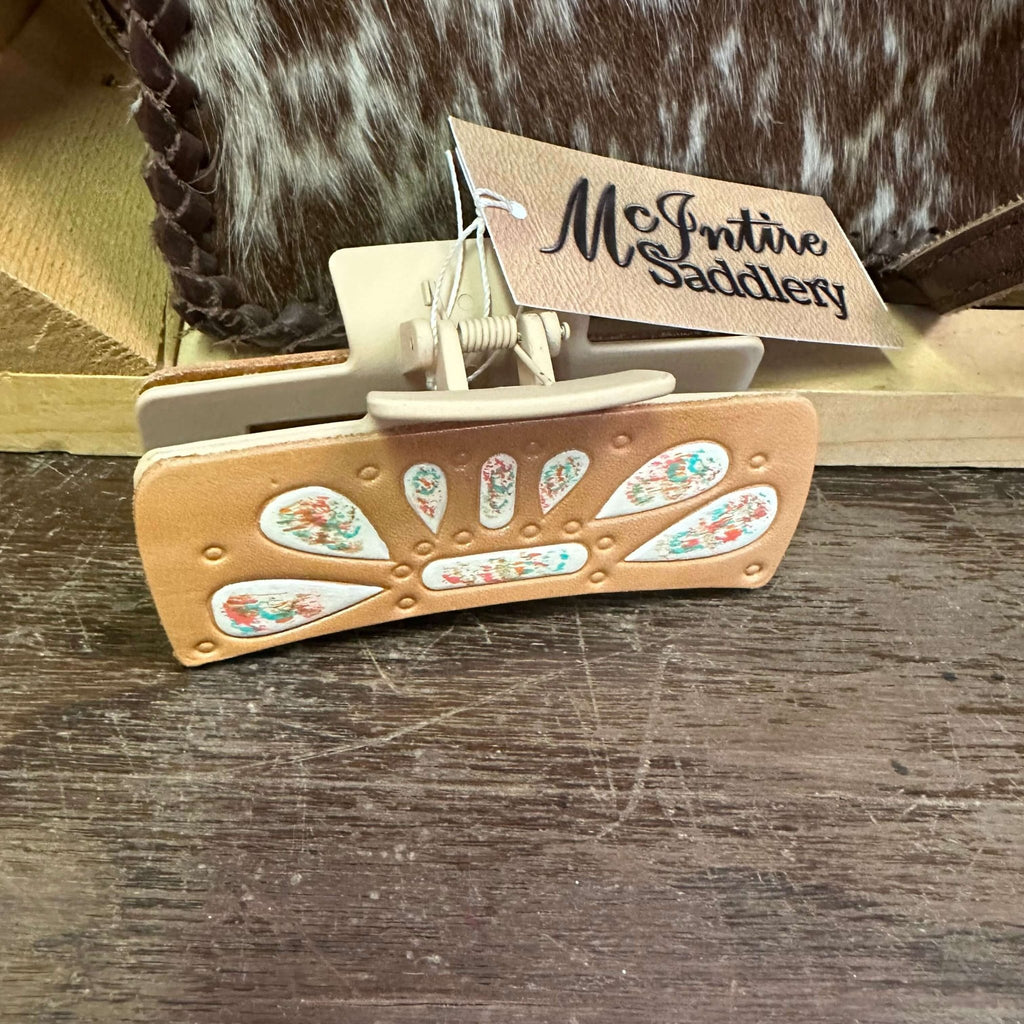 Big Tan Multi Stone Design Detail Leather Hair Clip - Country Lace Boutique