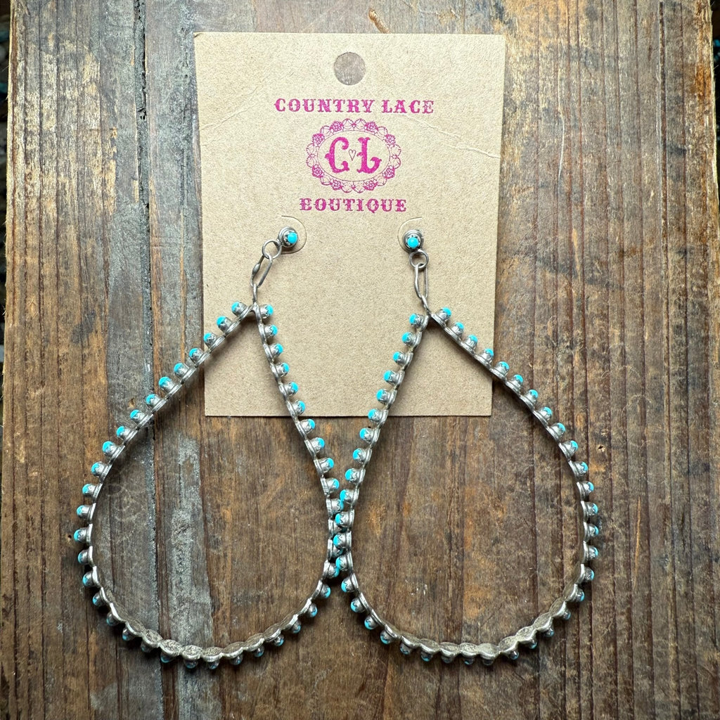 Big Tear Drop Zuni Hoop Post Sterling Silver Turquoise Earrings - Country Lace Boutique