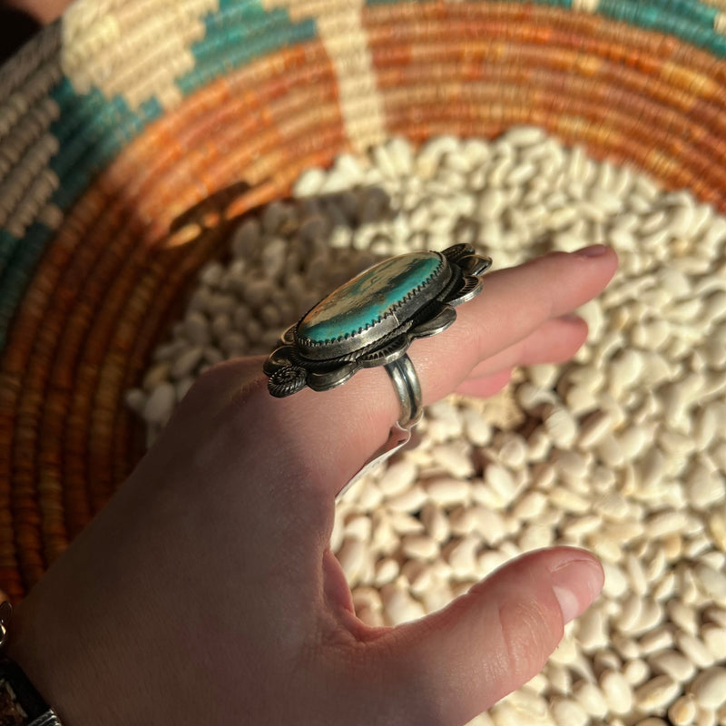 Big Turquoise Stone W/ Flower Detail Adjustable Sterling Silver Ring - Country Lace Boutique