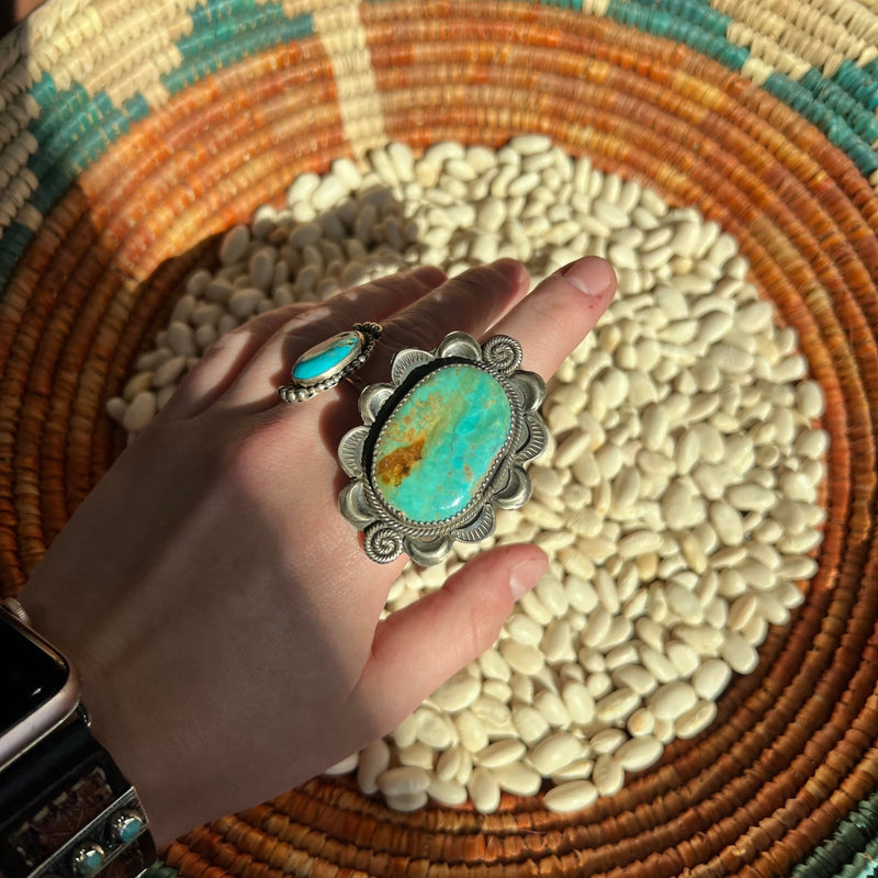 Big Turquoise Stone W/ Flower Detail Adjustable Sterling Silver Ring - Country Lace Boutique