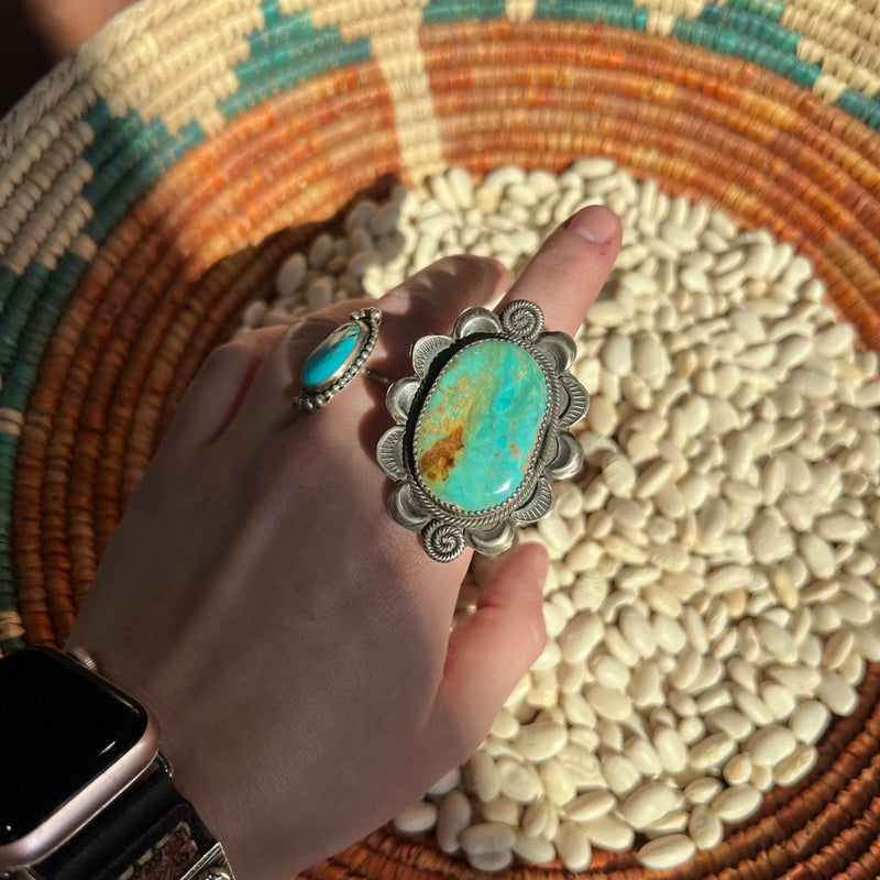 Big Turquoise Stone W/ Flower Detail Adjustable Sterling Silver Ring - Country Lace Boutique