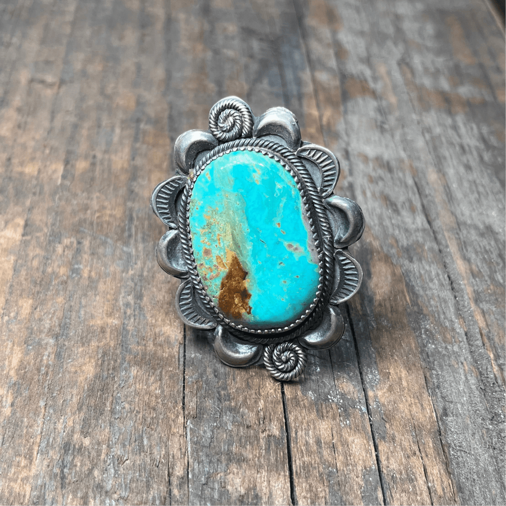 Big Turquoise Stone W/ Flower Detail Adjustable Sterling Silver Ring - Country Lace Boutique