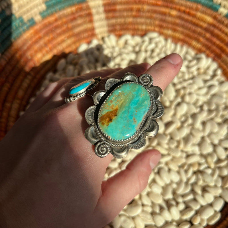 Big Turquoise Stone W/ Flower Detail Adjustable Sterling Silver Ring - Country Lace Boutique
