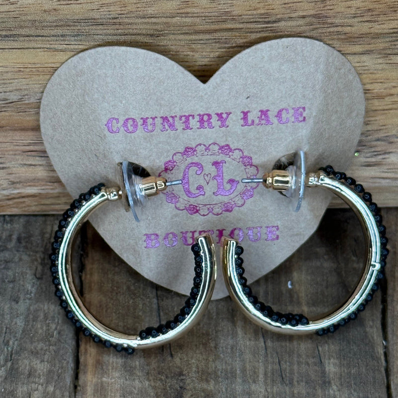 Black Blinged Gold Hoop Fashion Earrings - Country Lace Boutique
