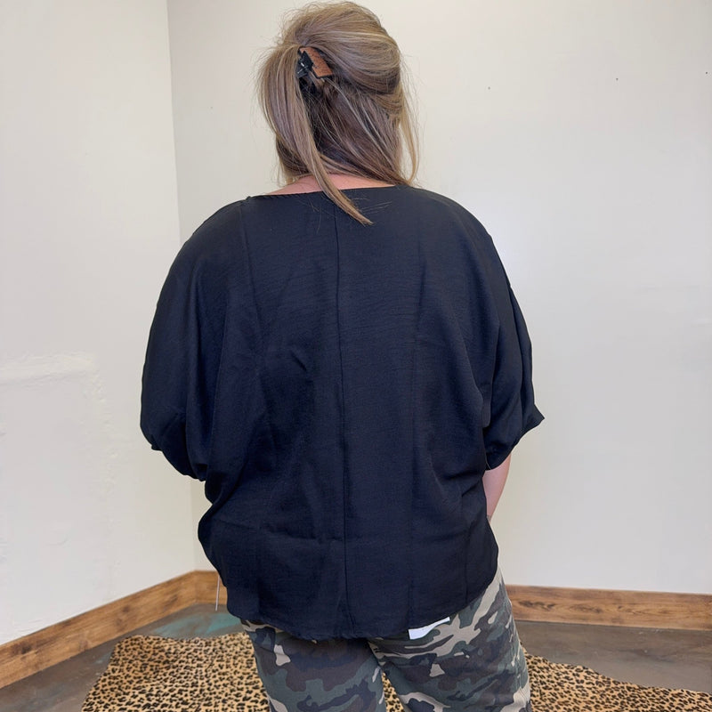 Black Blouse with Round Neck w/ Cuffed 3/4 Sleeves Top - Country Lace Boutique