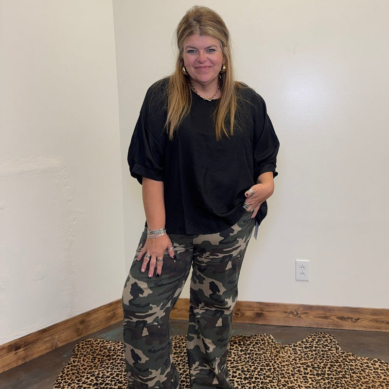 Black Blouse with Round Neck w/ Cuffed 3/4 Sleeves Top - Country Lace Boutique