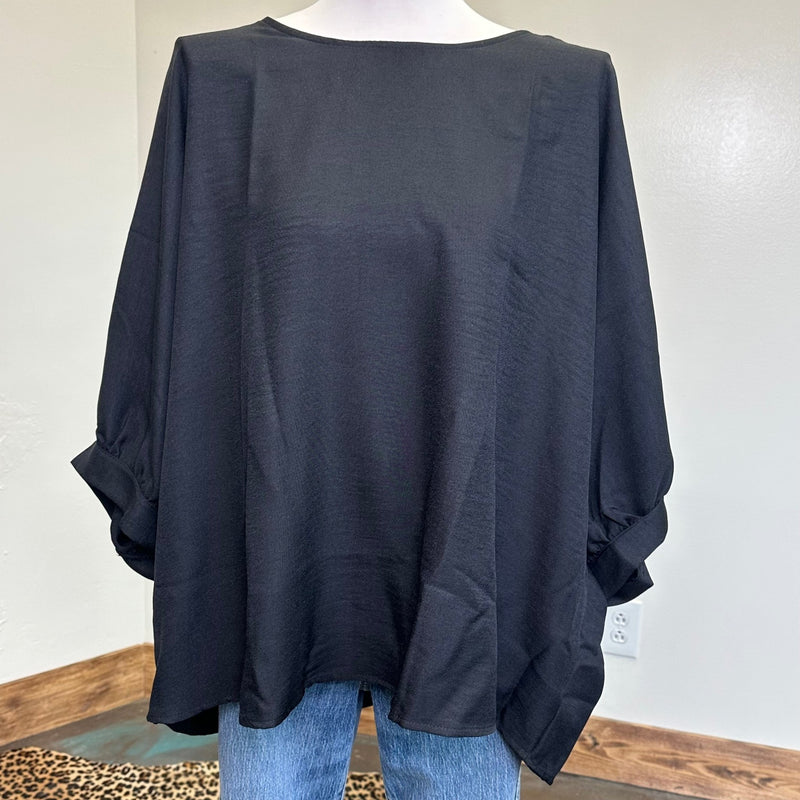 Black Blouse with Round Neck w/ Cuffed 3/4 Sleeves Top - Country Lace Boutique