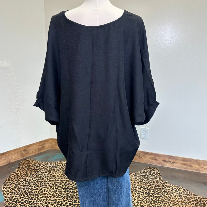 Black Blouse with Round Neck w/ Cuffed 3/4 Sleeves Top - Country Lace Boutique
