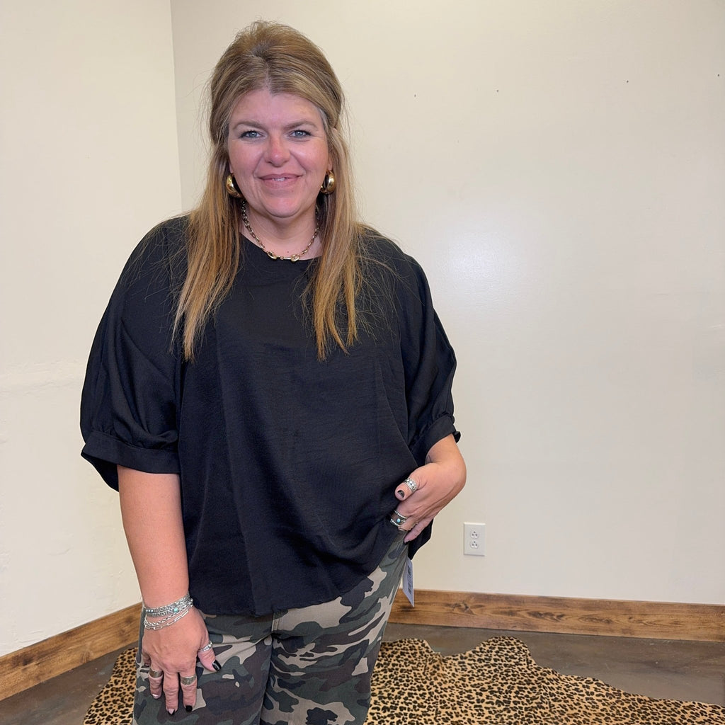 Black Blouse with Round Neck w/ Cuffed 3/4 Sleeves Top - Country Lace Boutique