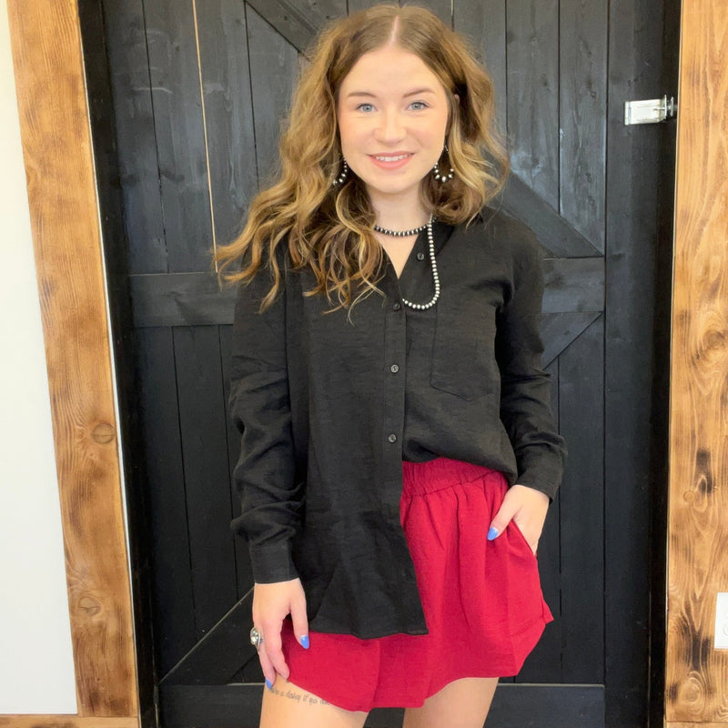 Black Button Down Long Sleeve with Front Pocket Top - Country Lace Boutique